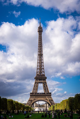 Fototapeta na wymiar The Eiffel Tower in Paris seen from Champ-du-Mars at clear daytime