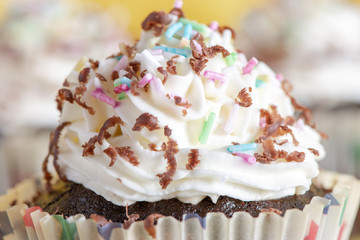 Close up of chocolate homemade cupcake. Holiday food