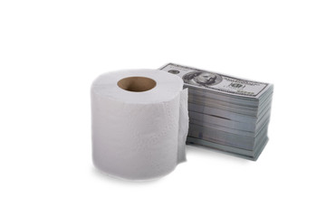 Toilet paper tissue and money of stack 100 US dollars banknote a lot of on white background, That was It costs expensive price and high priced products concept
