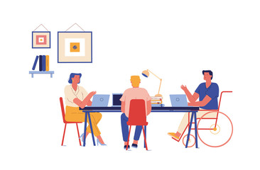 Handicapped Employees and Healthy Office Worker Characters Sitting at Desk Working on Laptops and Communicate. Disability, Employment for Disabled Persons Concept. Cartoon People Vector Illustration