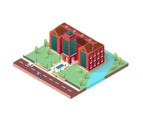 Isometric Library, University on White Background. Modern Beautiful High-rise Building with Green Territory, Trees, River. People Walking, Car and Police Car Drive Along Road. Vector Illustration