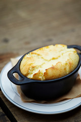 Creme brulee in iron dish 