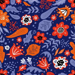 Flowers and leaves hand drawn seamless pattern. Colorful foliage vector illustration. Decorative background with flowering. Botanical wrapping paper, textile, backdrop cartoon design _0504.cdr