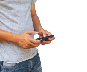 A happy man after looking at the phone on whitebackground.