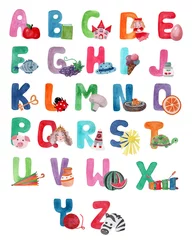 Papier Peint photo Alphabet Alphabet aquarelle avec des éléments pour toutes les lettres