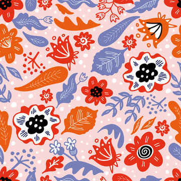 Flowers and leaves hand drawn seamless pattern. Colorful foliage vector illustration. Decorative background with flowering. Botanical wrapping paper, textile, backdrop cartoon design _0504.cdr