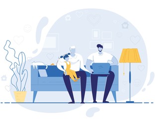 Fototapeta na wymiar Senior and Young Men Sitting on Couch, Grandfather Holding Little Granddaughter on Knees, Father Working on Laptop, Happy Family Relations, Visiting Old Parents. Cartoon Flat Vector Illustration.