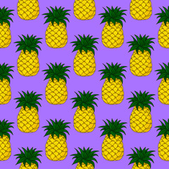 Seamless cartoon pattern with sweet yellow fresh pineapple fruit on vibrant violet purple background for cute banner, poster, textile, postcard, wrapping paper, candy wrapper and web design.