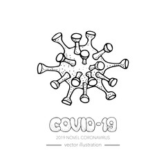 Hand drawn doodle Novel Coronavirus  icon. Vector illustration. Cartoon virus molecule. Sketch 2019-nCov symbol COVID-19 resposible for influenza outbreak isolated on white background