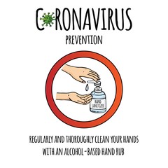 Regularly and thoroughly clean your hands with an alcohol-based hand rub to kill coronavirus COVID-19. Hand drawn icon. Vector illustration. Cartoon 2019-nCov symbol. Hand sanitizer bottle.
