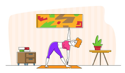 Slim Girl Stand on Mat in Yoga Asana or Stretching Fitness Posture at Home. Relaxed Young Woman Character Enjoying Rest and Meditation, Training Body for Loss Weight. Linear Vector Illustration