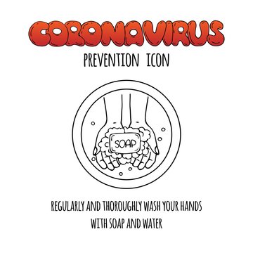 Hand drawn icon showing the importance of washing hands for killing coronavirus COVID-19. Regularly and thoroughly wash your hands with soap and water. Vector illustration. Cartoon 2019-nCov symbol.