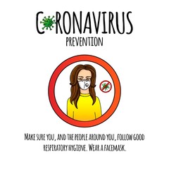 Hand drawn doodle Hand drawn Coronavirus Prevention icon. Vector illustration of woman wearing a facemask to protect others from COVID-19. Cartoon virus molecule. Sketch 2019-nCov molecule vector icon