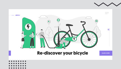 Eco Transport, Ecology Protection Healthy Lifestyle Landing Page Template. People Charging and Pumping Electric Bike. Characters Use E-Bicycle for Traveling, Sports Life. Linear Vector Illustration
