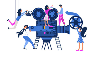Movie Making Process Metaphor with Operator Using Huge Video Camera and Staff with Professional Equipment for Recording Film. Women with Clapperboard and Reel Film Cartoon Flat Vector Illustration