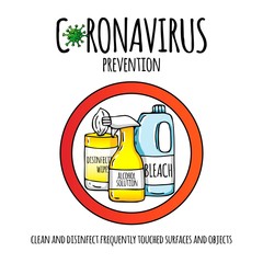 Hand drawn doodle Novel Coronavirus Prevention round icon. Vector illustration. Cartoon household disinfectants for killing coronavirus COVID-19. Sketch 2019-nCov resposible for influenza outbreak