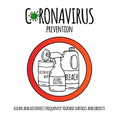 Hand drawn doodle Novel Coronavirus Prevention round icon. Vector illustration. Cartoon household disinfectants for killing coronavirus COVID-19. Sketch 2019-nCov resposible for influenza outbreak