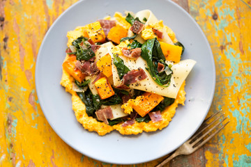 Open lasagne, spinach, pumpkin, pancetta
