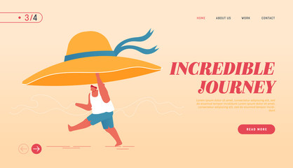 Summertime Nature Vacation Landing Page Template. Holiday and Active Lifestyle. Young Happy Overweight Man Character with Huge Tropical Hat Run at Summer Beach, Open Mind. Cartoon Vector Illustration