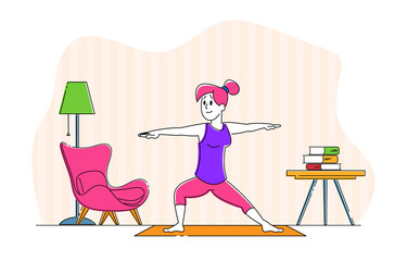 Woman Character Doing Stretching or Yoga Exercises at Home. Fitness, Sport and Healthy Lifestyle. Girl Practicing Gymnastics Workout Class for Flexibility and Fit Body. Linear Vector Illustration