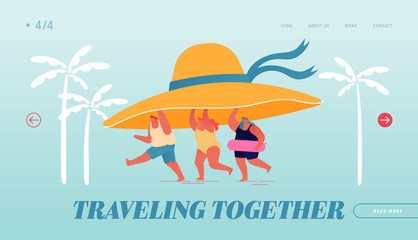 Summer Time Season, Vacation Landing Page Template. Tiny People Carry Huge Tropical Hat Enjoying Summertime Holiday, Relaxing on Beach. Characters on Seaside Exotic Resort. Cartoon Vector Illustration