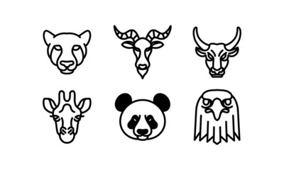 Obraz premium Set of 6 wild animal head, animal vector line icon, animal head vector line art, isolated animal illustration