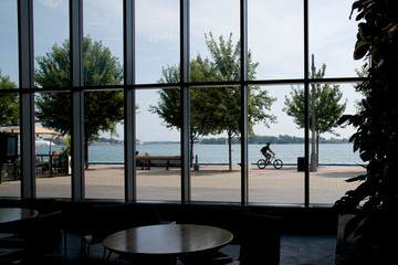 riding bicycle in the park with the Lake Ontario as background