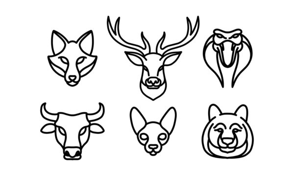 Set of 6 wild animal head, animal vector line icon, animal head vector line art, isolated animal illustration
