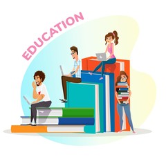 Male and Female Students Studying on Laptop and Huge Books Stack. Education Lettering. Distance Learning Lessons. Graduation Degree. Exam Preparation. Study Time. Knowledge Online. Vector Illustration