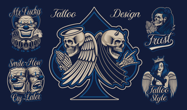 Set of coloured illustrations in chicano tattoo style