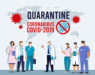 CoVID-19 Virus outbreak spread. Novel coronavirus 2019-nCoV Conceptual vector illustration. Quarantine, protect yourself, the global pandemic of the coronavirus. News poster with doctors 