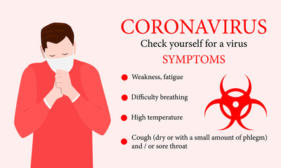 Coronavirus (2019-nCOV) symptoms, a man in a medical mask coughs into his hand, vector illustration