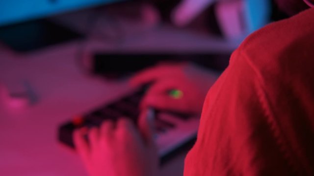 Student learns to write music. Close up portrait bearded man DJ playing music at home recording studio workshop. Creative atmosphere new music. Online education and training. Sound beat maker indoors