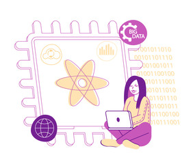 Female Character with Notebook Sitting at Huge Microchip with Atom Symbol. Quantum Computing Concept. Quantum-mechanical Superposition and Entanglement Perform Computation. Linear Vector Illustration