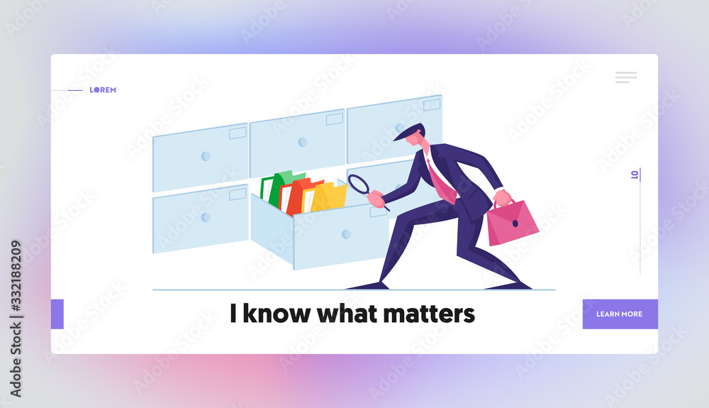 Poster business data administration landing page template. businessman look docs in archive storage. office