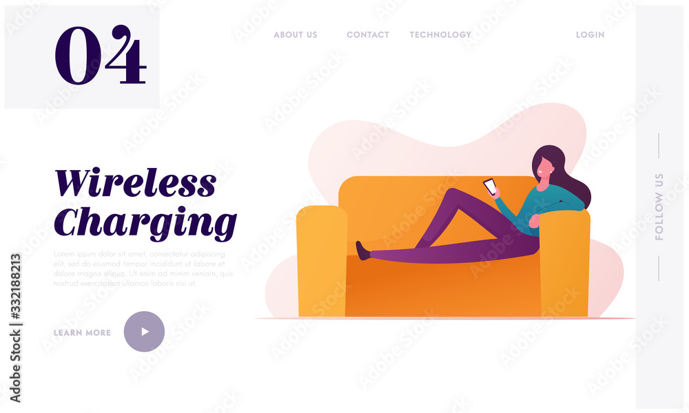 Poster wireless charger landing page template. female character with mobile phone lying at couch using mode
