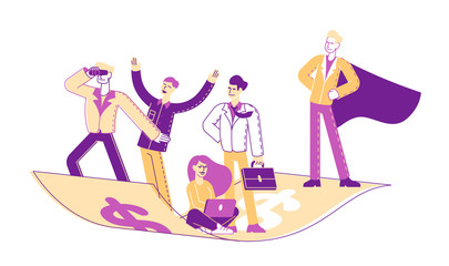 Business People Team Travel on Flying Money Carpet. Businessman in Superhero Cloak, Businesswoman Working on laptop. Financial Success, Teamwork Direction, Achievement. Linear Vector Illustration