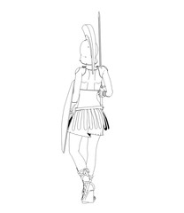 warrior woman character, 3D illustration, sketch, outline