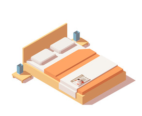 Vector isometric bed with mattress, pillows, high back and bedside tables. King size bed. Isolated on white background.