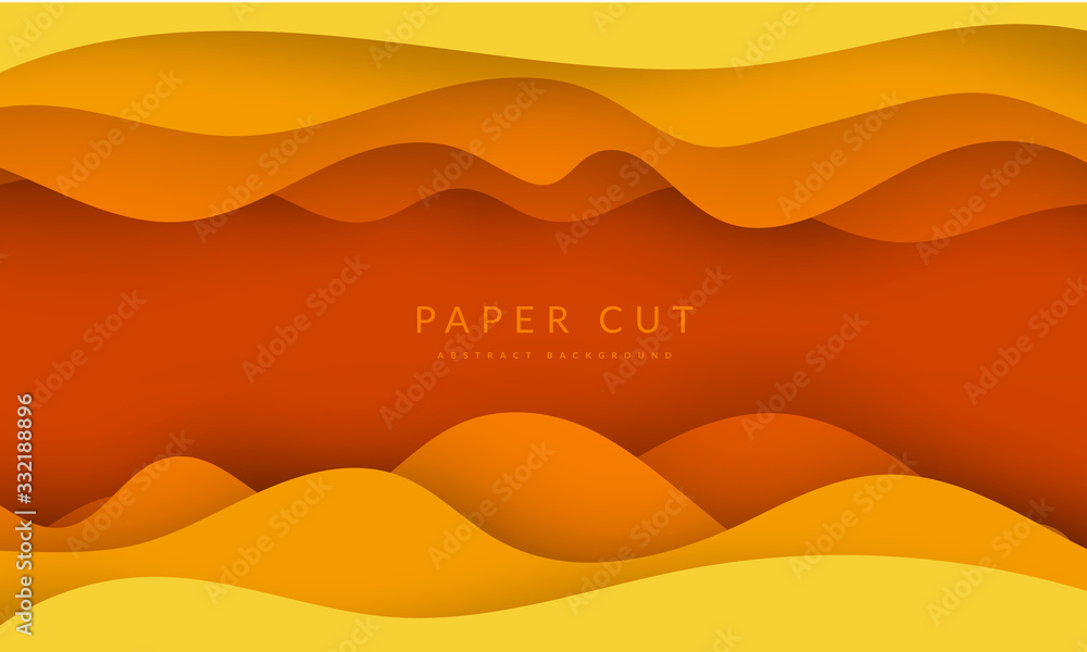 Poster yellow paper cut banner with 3d slime abstract background and yellow waves layers. abstract layout d