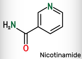 Nicotinamide, NAM, C6H6N2O  molecule. It is vitamin B3 found in food, used as a dietary supplement. Structural chemical formula