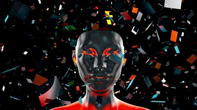 3D illustration of a head assembling from fragments symbolising either a concentrating thinking mind or a artificial intelligence developing consciousness.