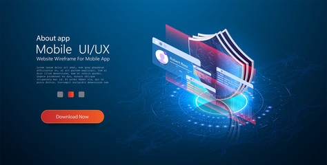 Information technology. Digital lock. Data management. Cyber security and information or network protection. Future technology web services. Privacy concept. Isometric internet security shield. Blue