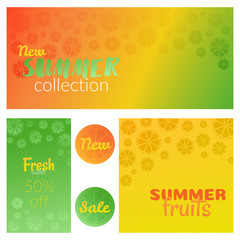 Vector banner, story, card, poster .Concept, summer, fruits, citrus, freshness. In the colors of lemon, orange, lime and red grapefruit. Discounts, new items. Copyspace.