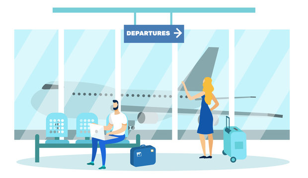 Man and Woman with Luggage Waiting Takeoff in Airport Departure Hall Lounge Flat Cartoon Vector Illustration. Passengers in Terminal Interior with Big Airplane on Background. Boy Working on Laptop.