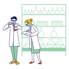Chemist Scientists Characters in White Coats Conduct Experiment in Science Laboratory. Man Pouring Liquid to Glass Flask, Woman Write. Researchers in Chemical Lab. Linear People Vector Illustration