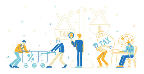 Tax Payment Obligation Concept. Group of Business People Characters near Huge Scales with Tax and Money Weight, Businessmen Burden Taxation, Bank Loan, Financial Debt. Linear Vector Illustration