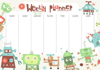 Weekly planner with cute robots in doodle cartoon style. Kids schedule design template. Vector illustration.