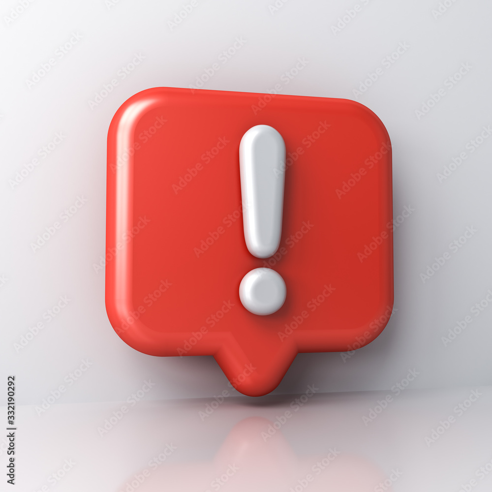 Poster 3d exclamation mark in 3d red social media notification pin icon isolated on white wall background w
