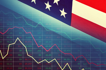 Economic and financial crisis concept. Stock market graphs and usd dollar against ameican flag on...